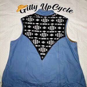 Upcycled Western light blue Carhartt Vest w/Aztec print & Black leather trim 2XL